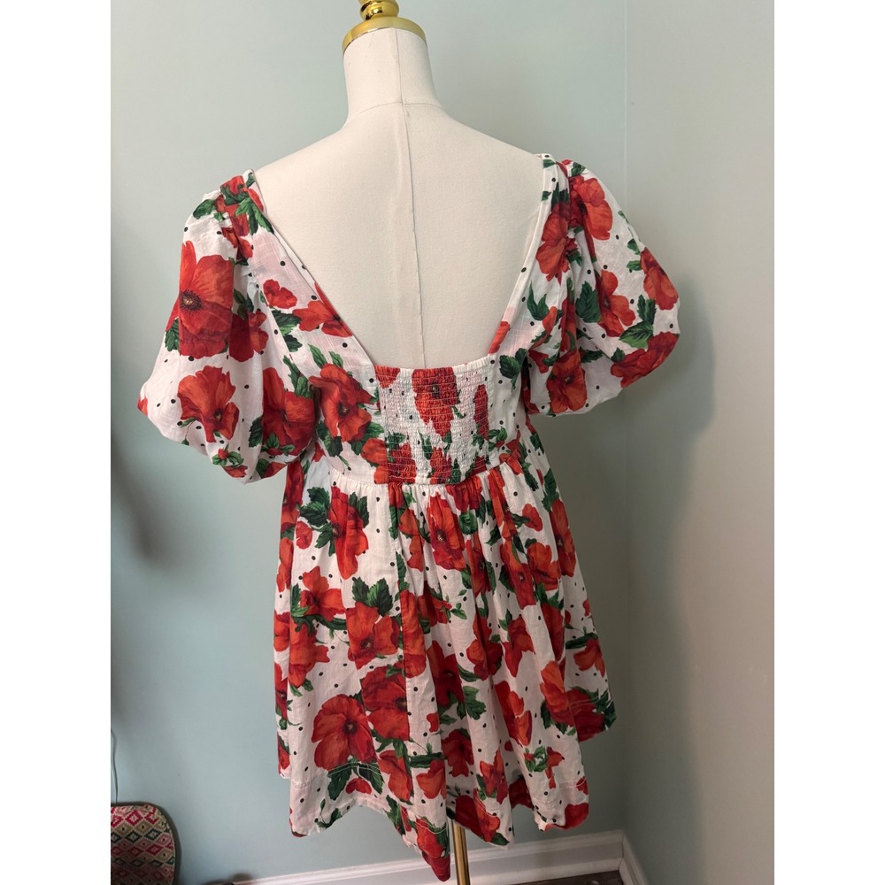 Maeve Anthropologie Red Poppy Floral Polka Dot Smocked Puff Sleeve Mini Dress L - Picture 4 of 7